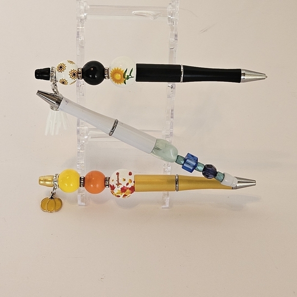 Hand Crafted Holiday Pens Beaded Set of 3 Fall Floral Sunflower Halloween Black - Picture 11 of 17